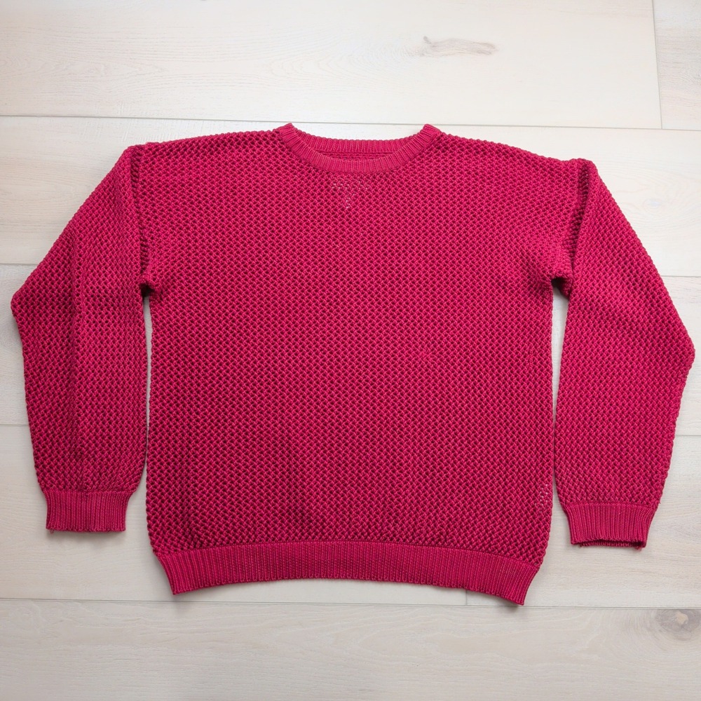Vintage Armani Jeans Open Knit Sweater Womens L Red Textured Crochet Slouchy